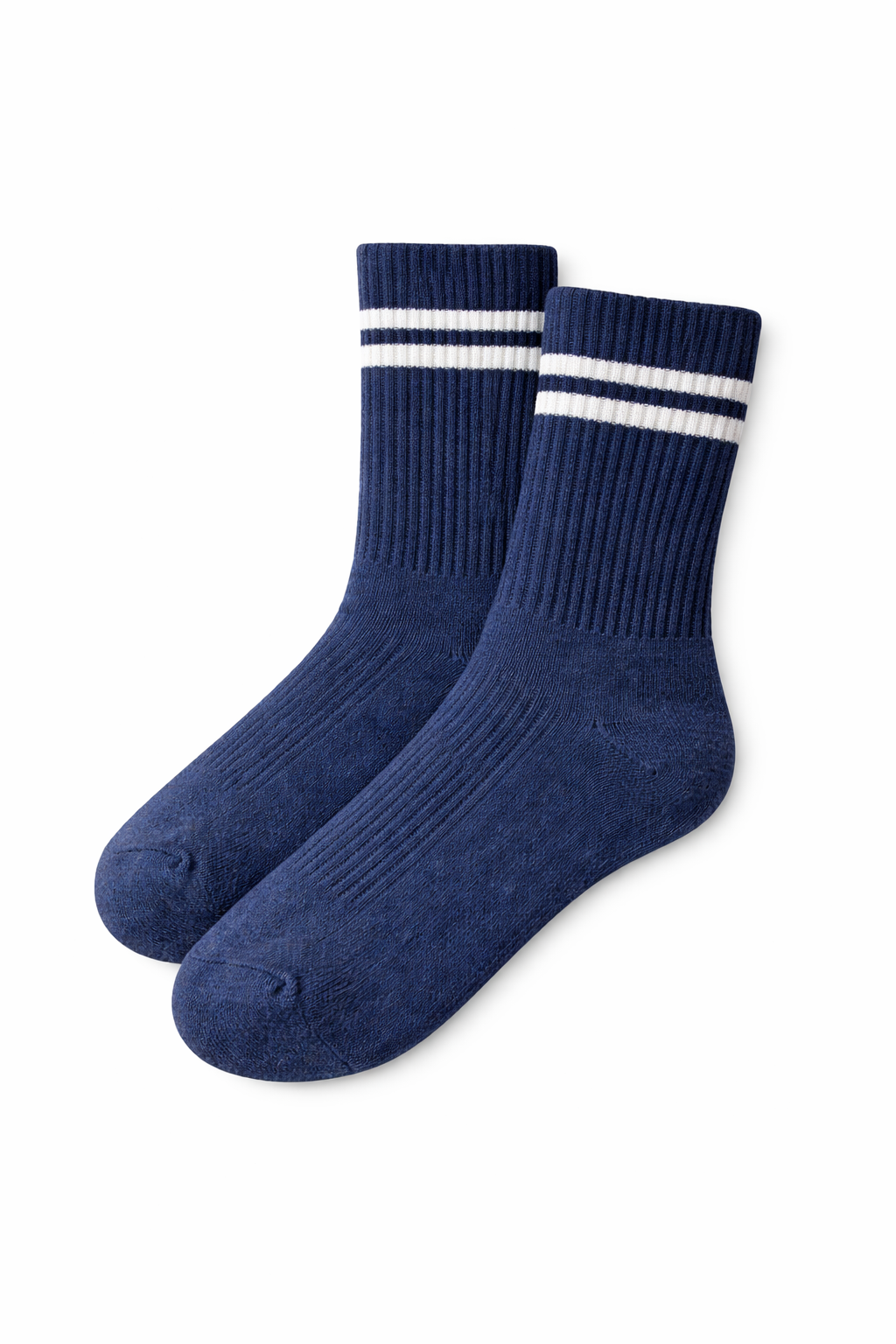 Unisex Ribbed Crew Socks – Navy with White Stripes (2 Pairs)