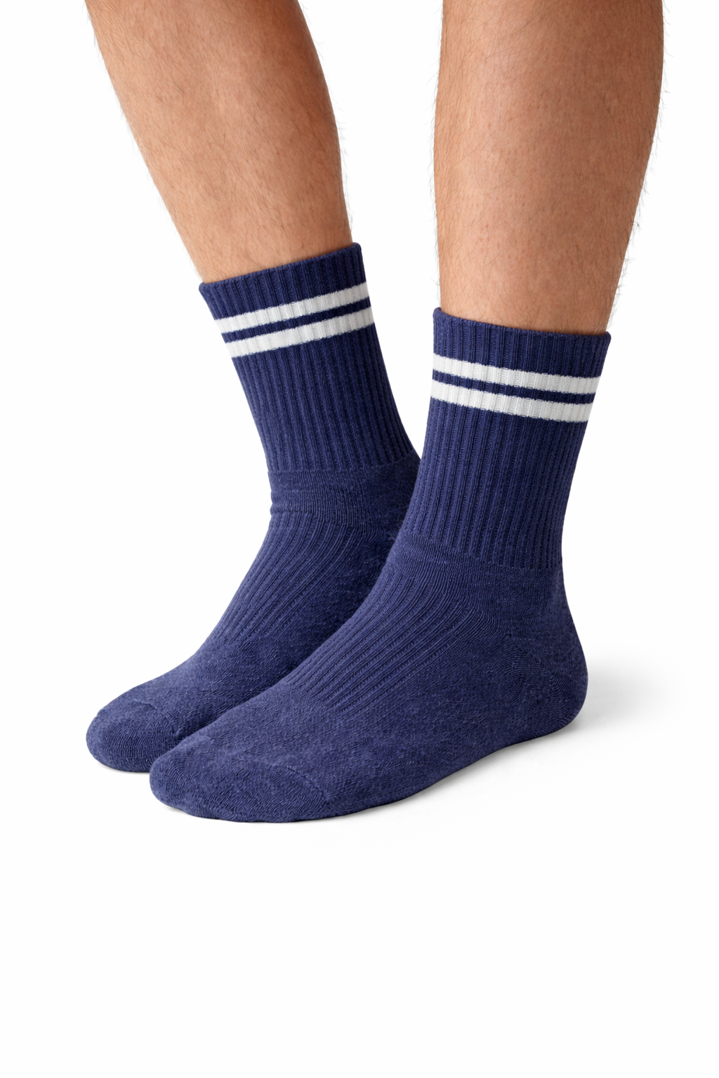 Unisex Ribbed Crew Socks – Navy with White Stripes (2 Pairs)