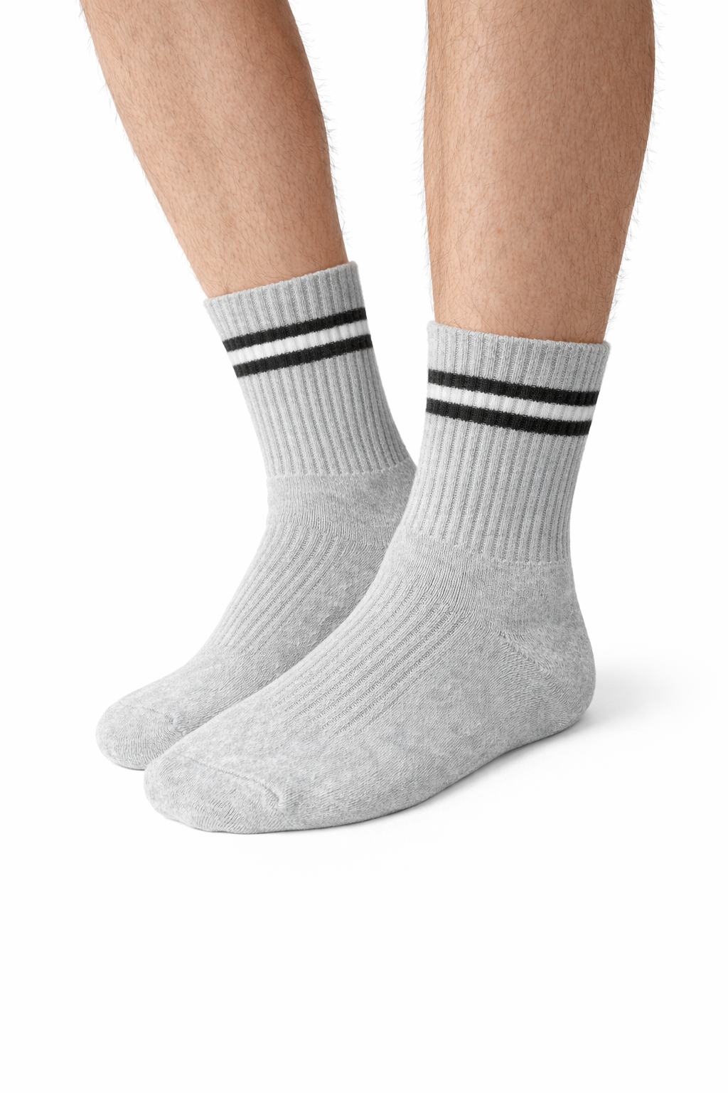 grey ribbed crew socks with black and white stripes - detail view