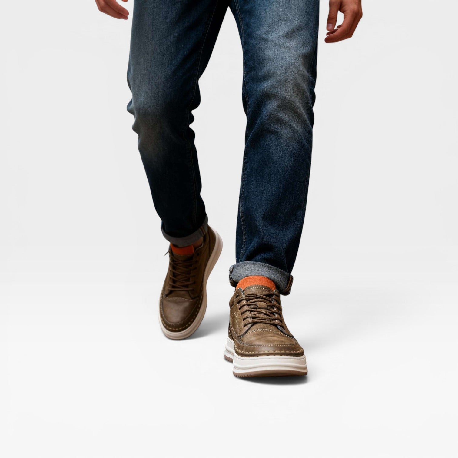 Men's burnished leather trainers casual wear denim chinos street