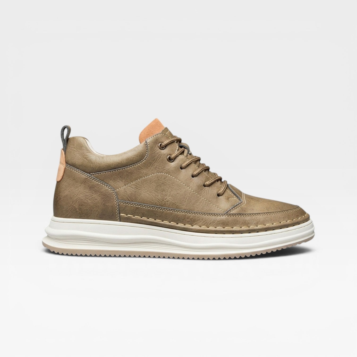 Men's burnished leather lace-up trainers in khaki hand-stitched detail