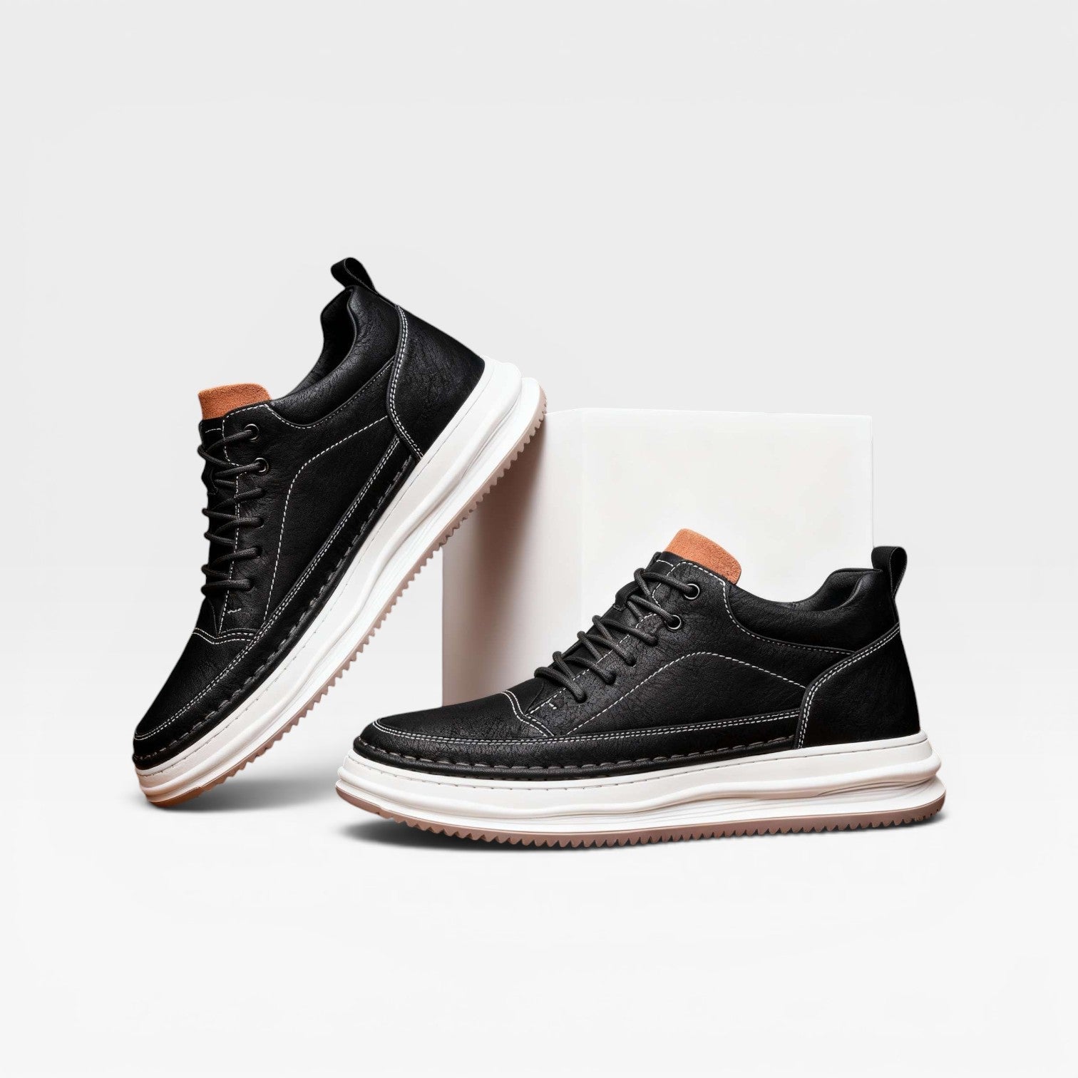 Hand-stitched detail men's burnished leather trainers upper close-up