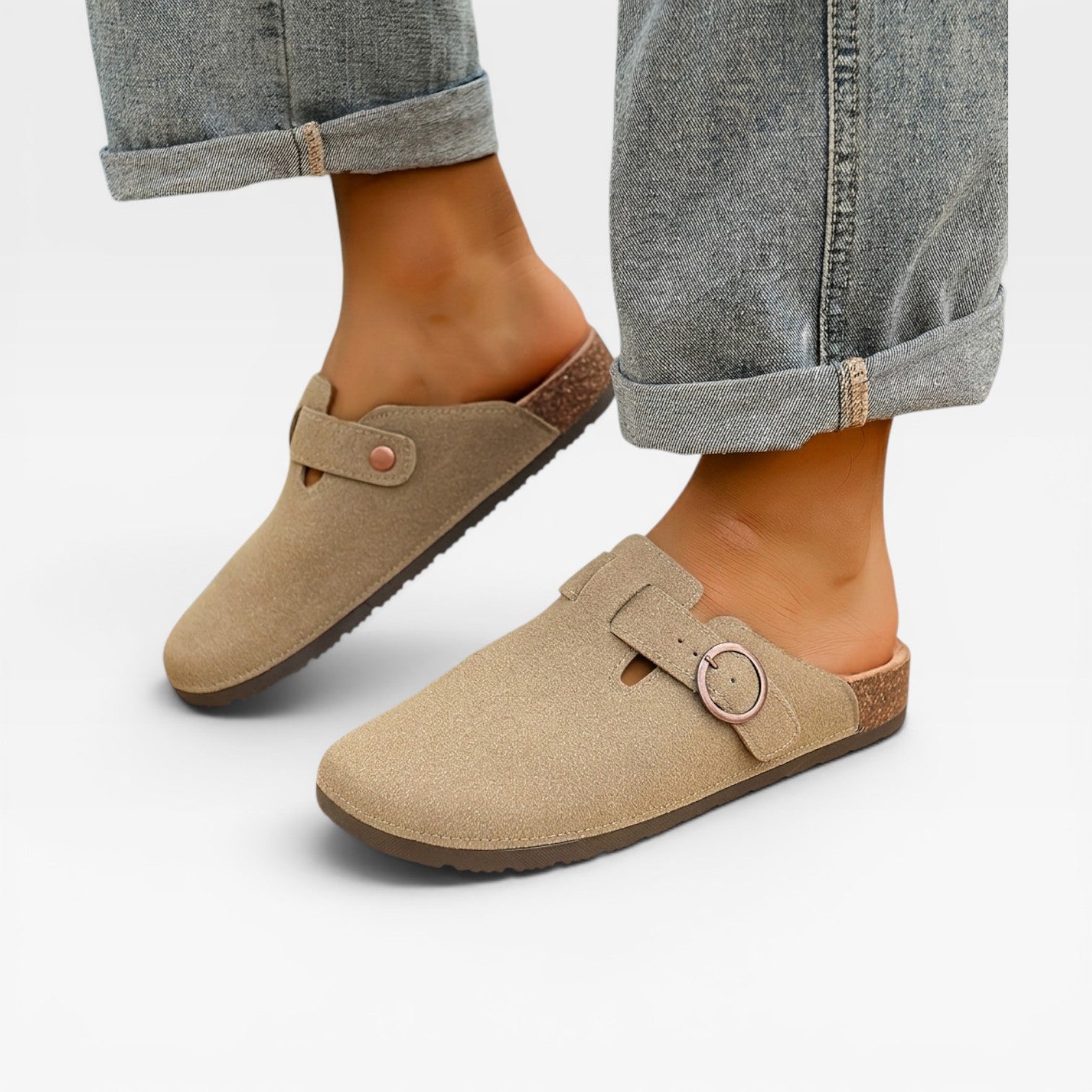 Adjustable round buckle detail men's cork footbed slip-on clogs