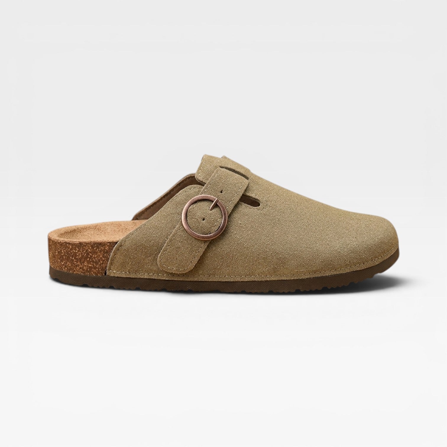 Men's cork footbed slip-on clogs in khaki adjustable round buckle