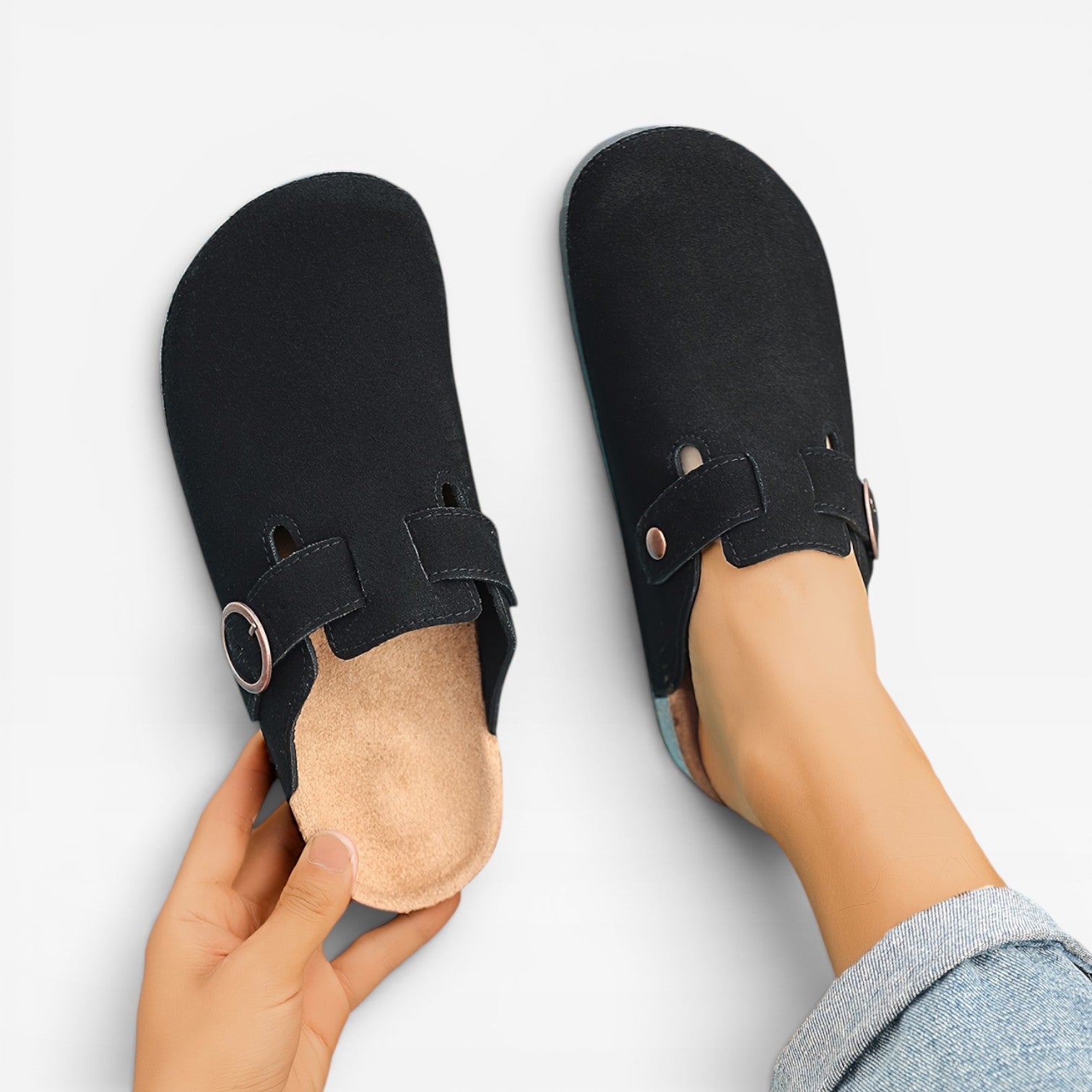 Side view men's cork footbed clogs suede upper closed toe mule