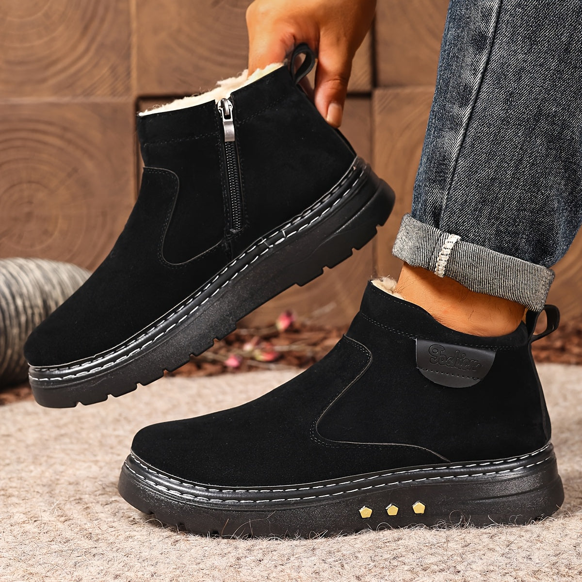 Men's Fleece-Lined Side-Zip Suede-Look Ankle Boots - view 1