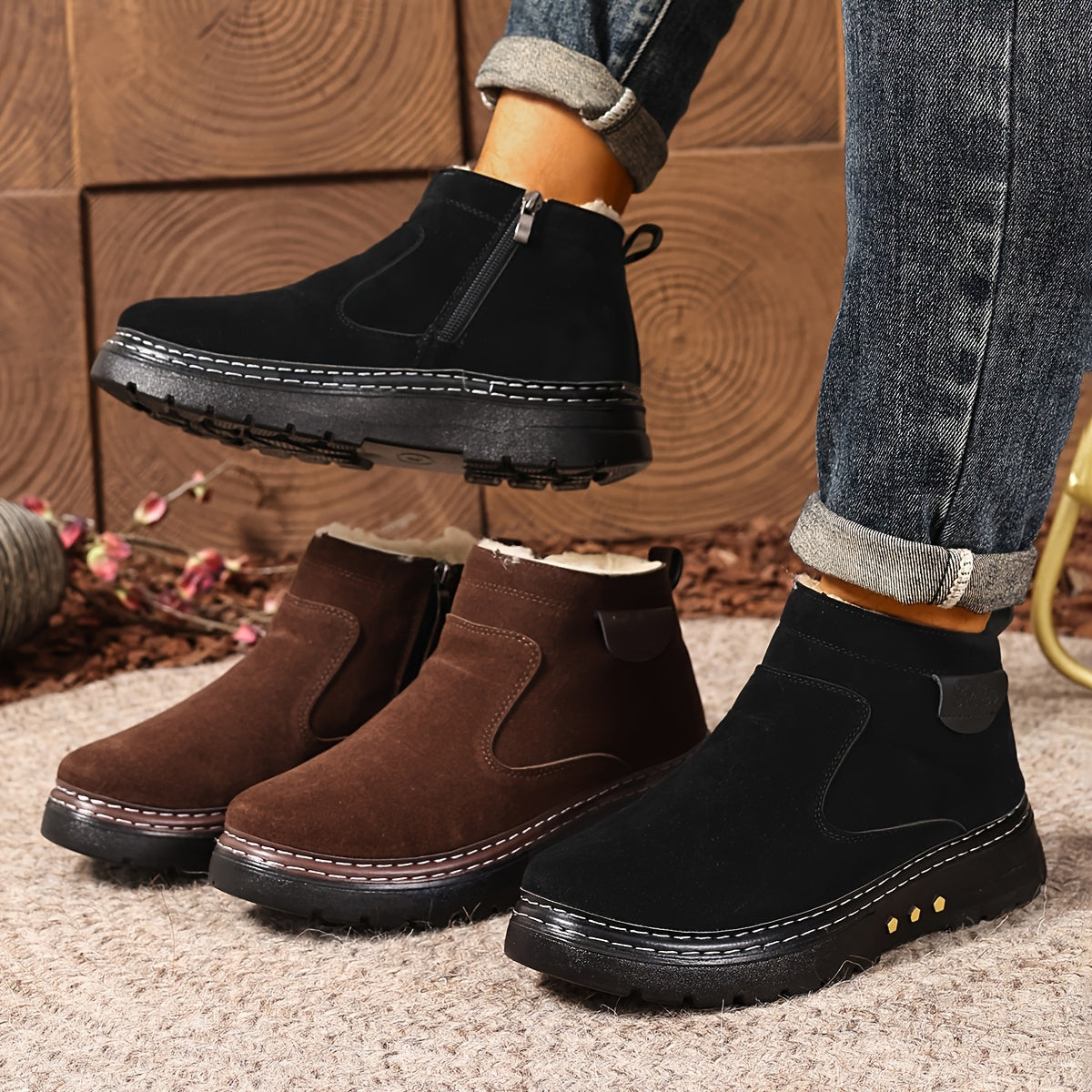 Men's Fleece-Lined Side-Zip Suede-Look Ankle Boots - view 7