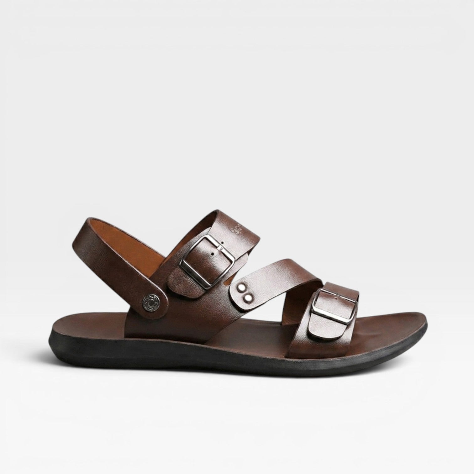 Men's adjustable buckle leather sandals in brown cross strap summer