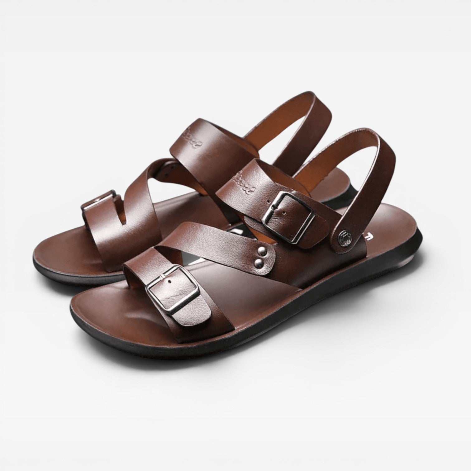 Men's leather sandals cross strap adjustable buckle detail ergonomic