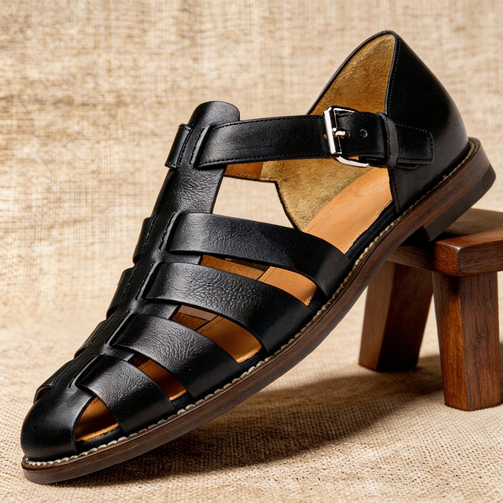men's leather fisherman sandals in Black - front view