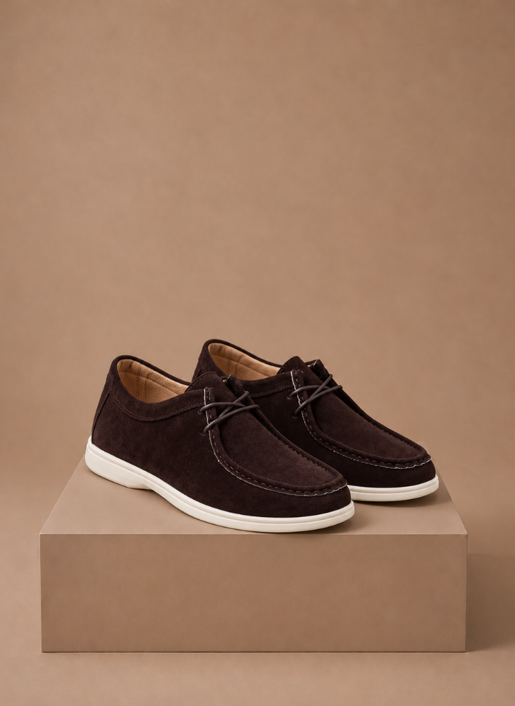 Men's moc-toe suede lace-up shoes stitching detail - close-up