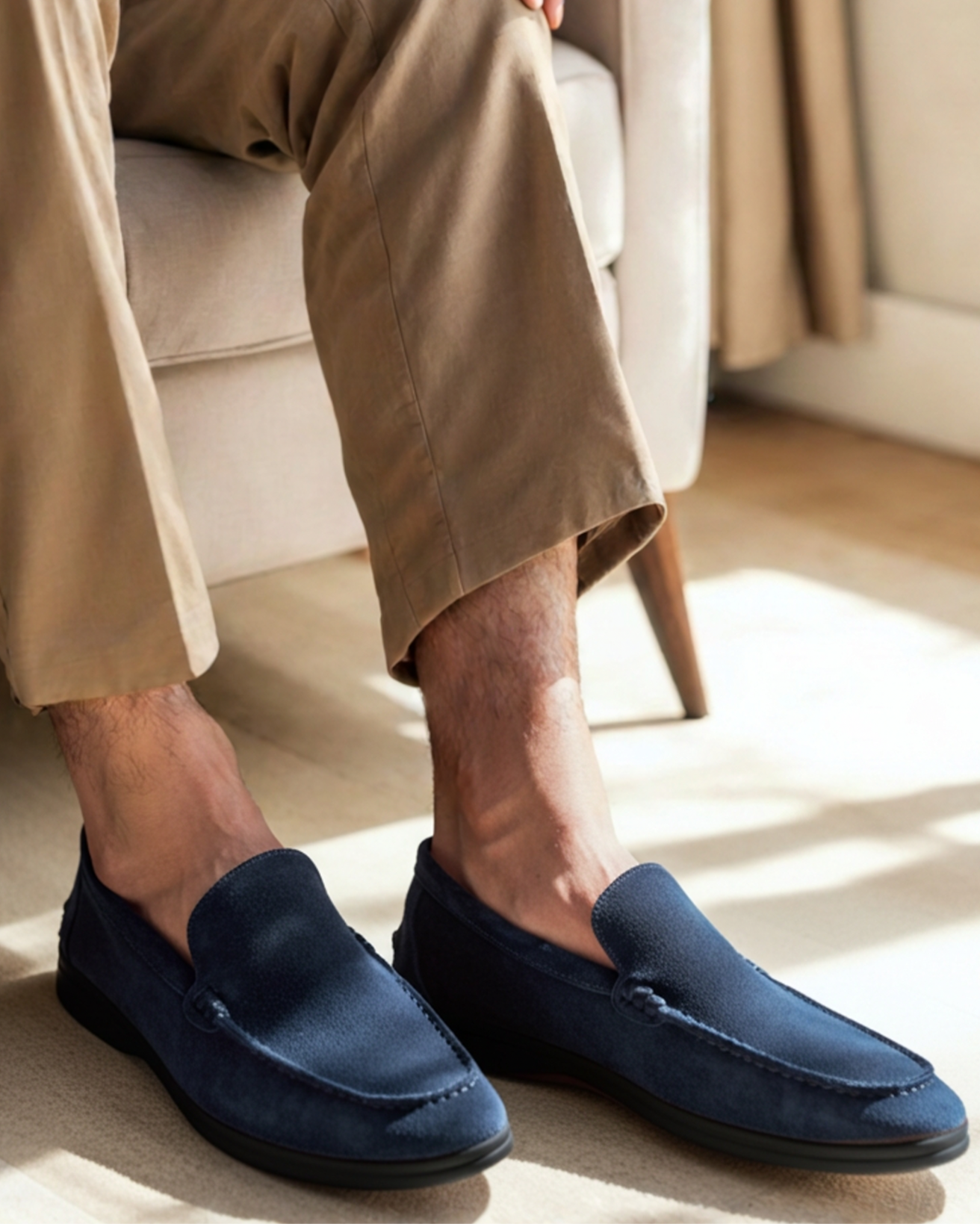 Men's suede loafers black sole - worn view