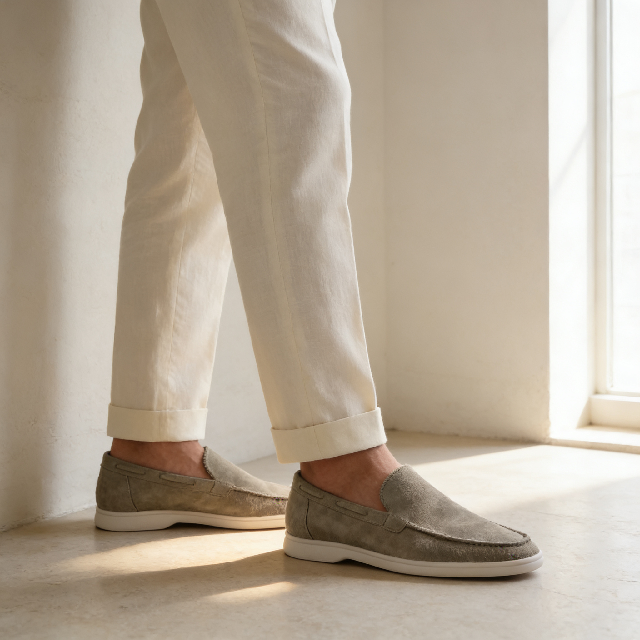 Men's suede loafers toe box detail - close-up view