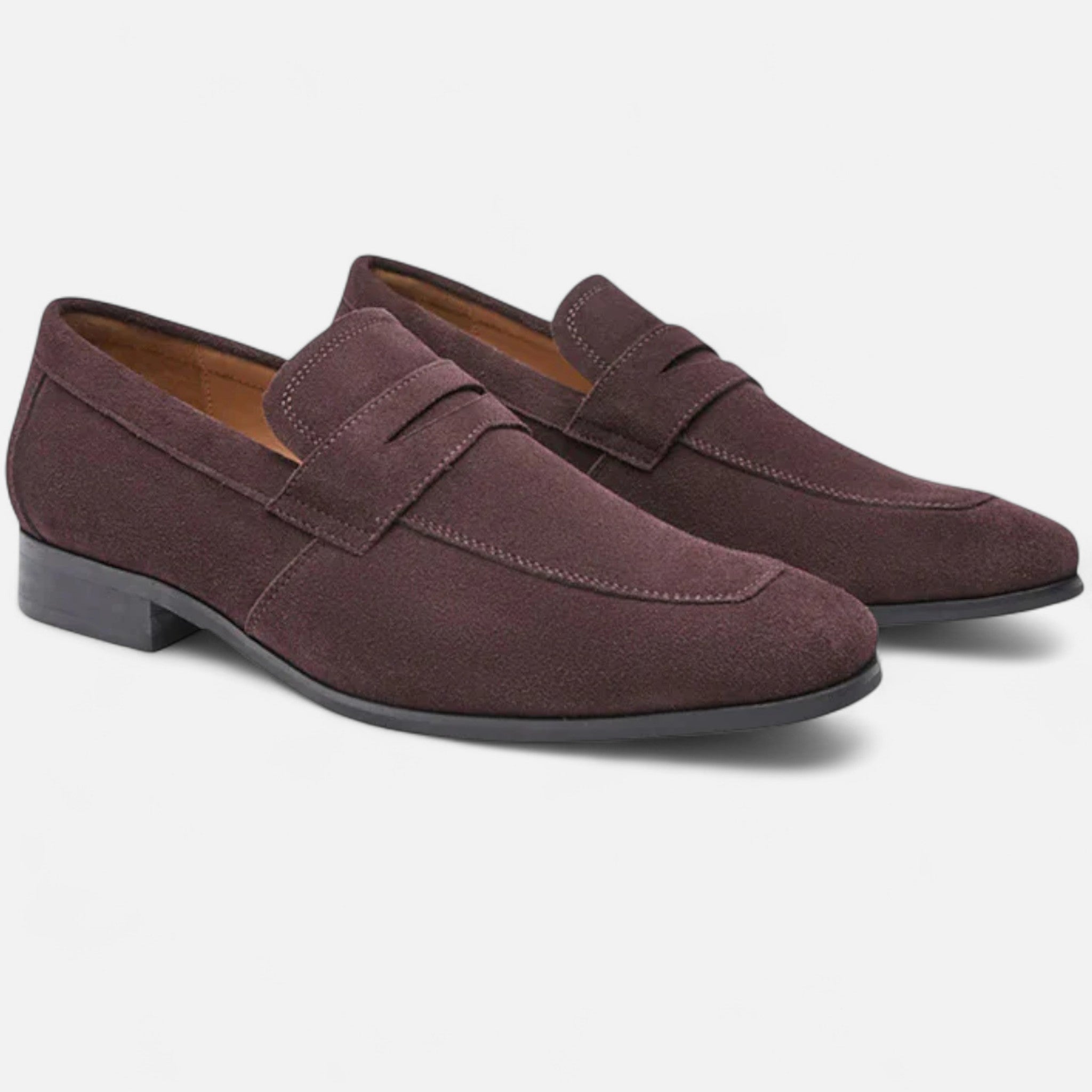 Men's suede penny loafers in Coffee - front view