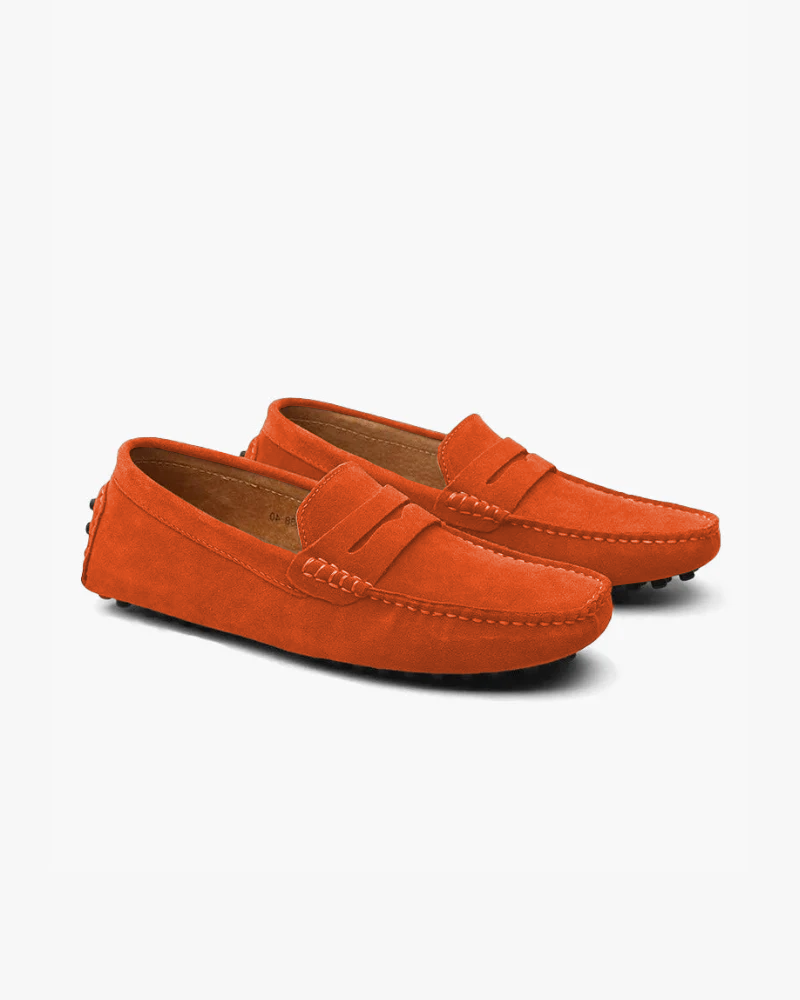 Men's suede driver loafers in Orange - front view