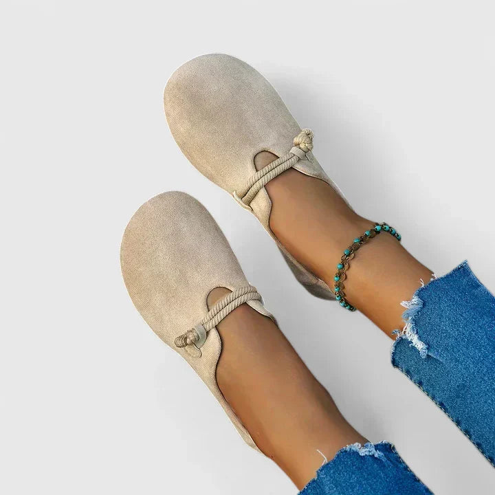 women's beige wide fit loafers with arch support - back view