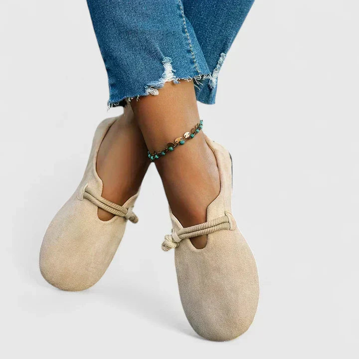 women's beige wide fit loafers with arch support - worn view
