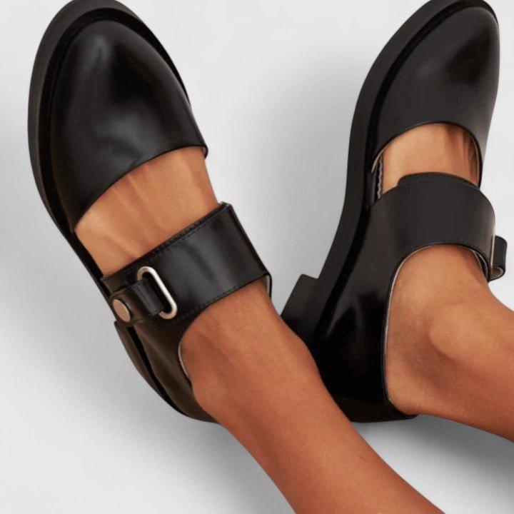women's chunky sole Mary Jane buckle shoes in Black - front view