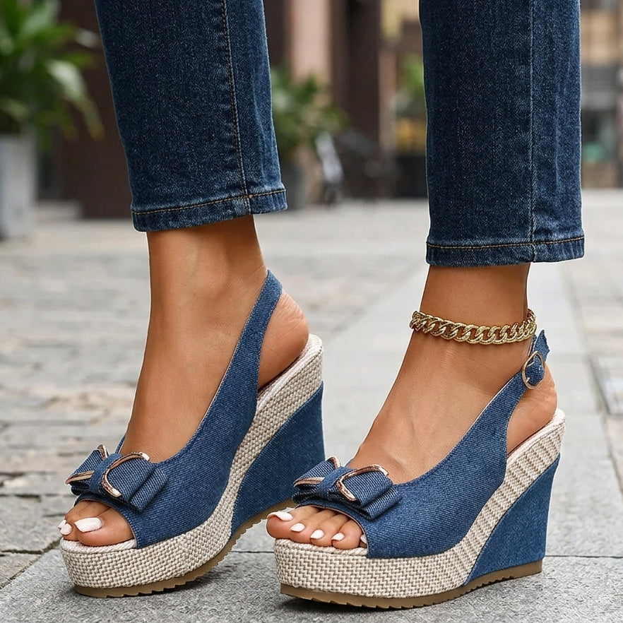 women's denim bow wedge sandals - back view