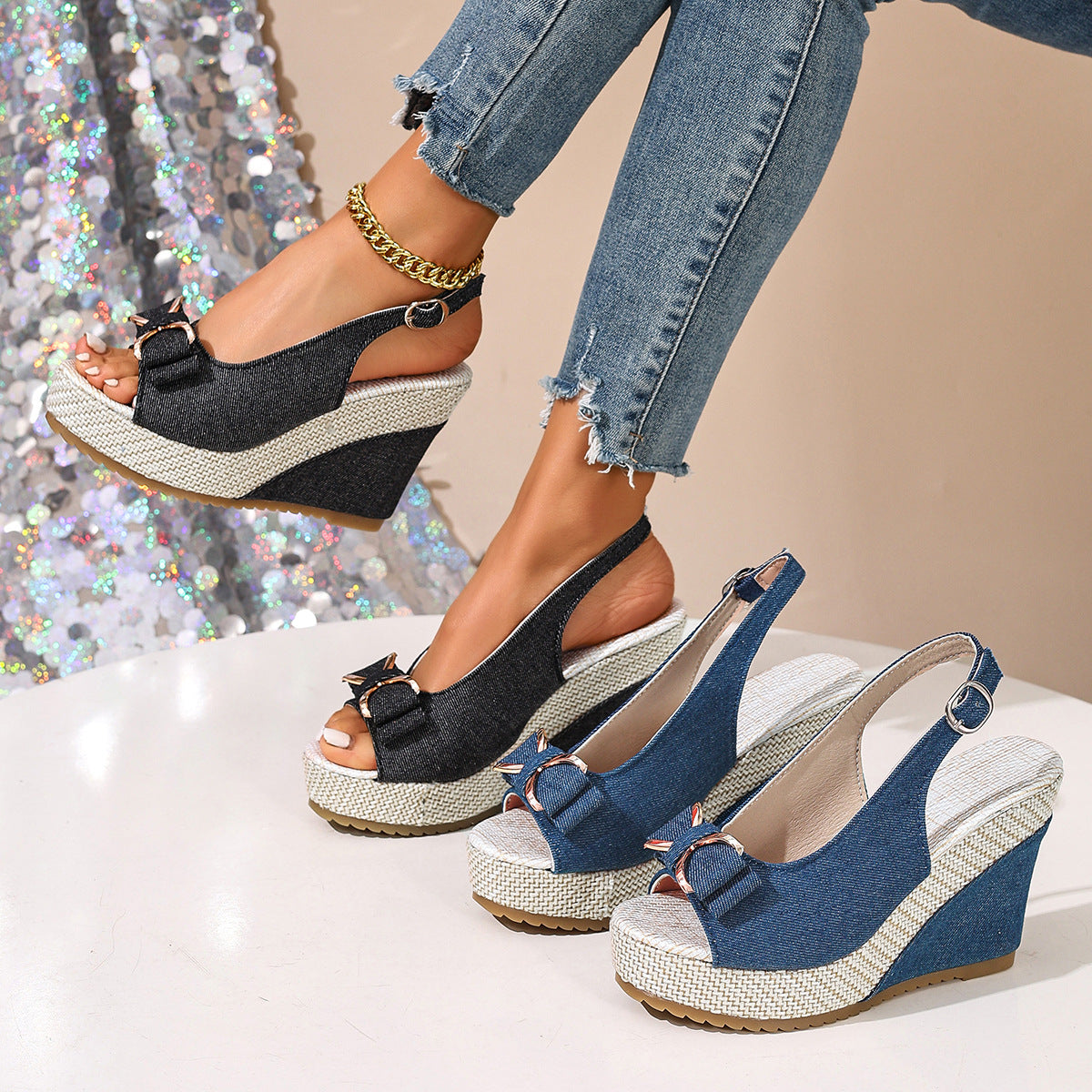 women's denim bow wedge sandals - close-up view
