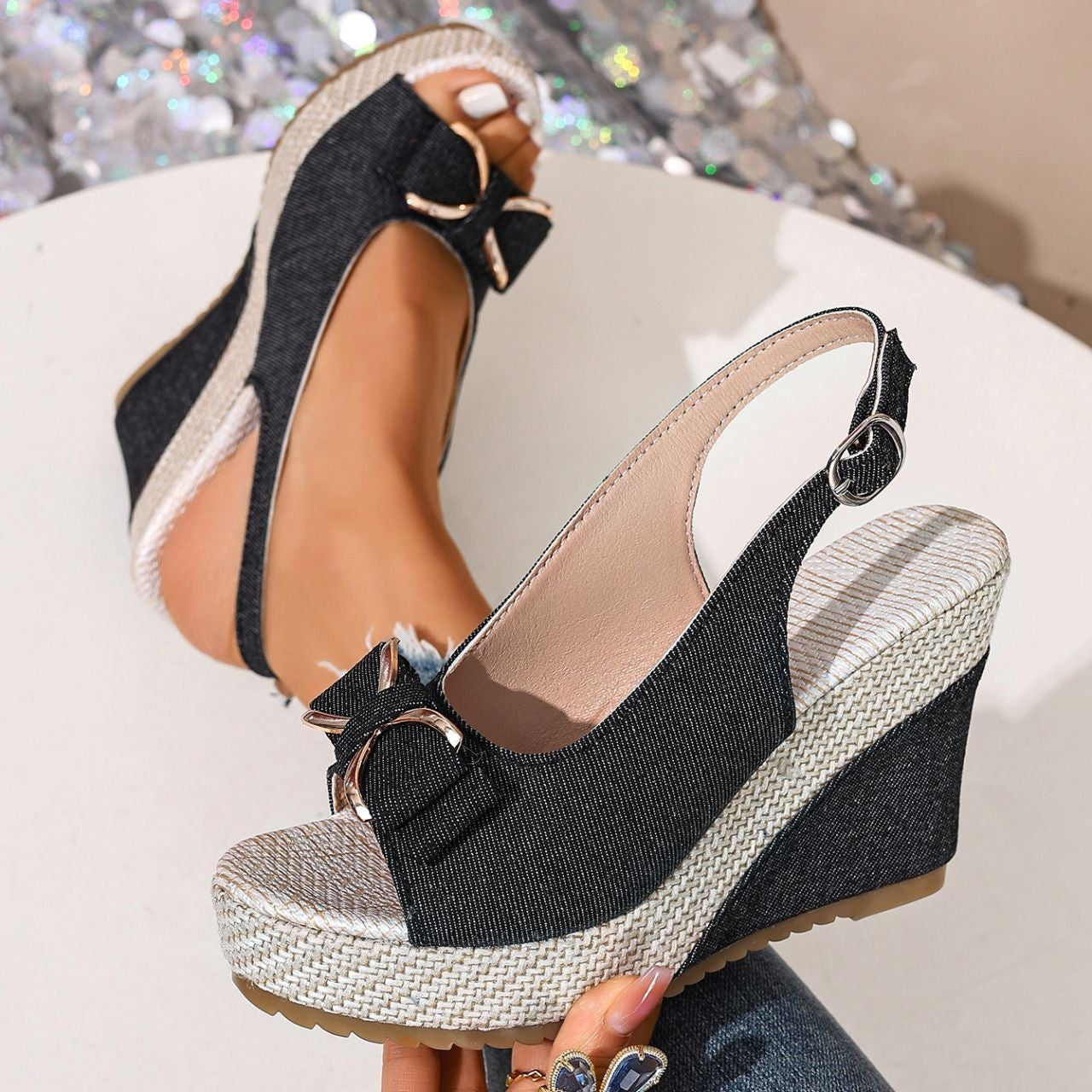 women's denim bow wedge sandals - platform view
