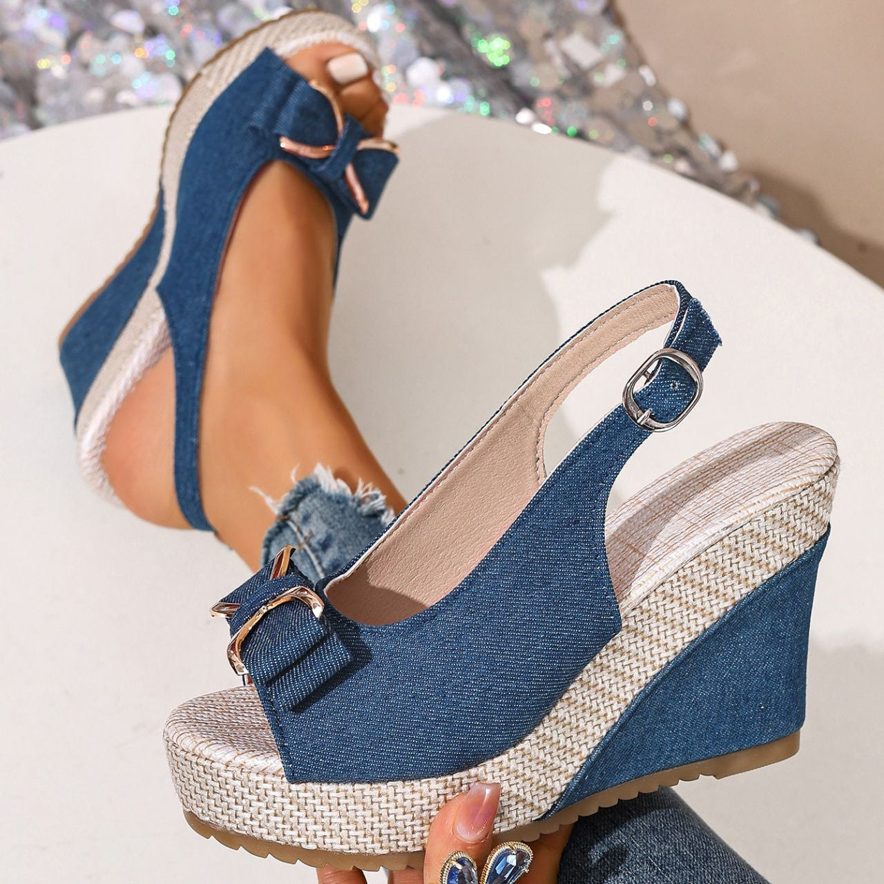 women's denim bow wedge sandals - slingback strap detail