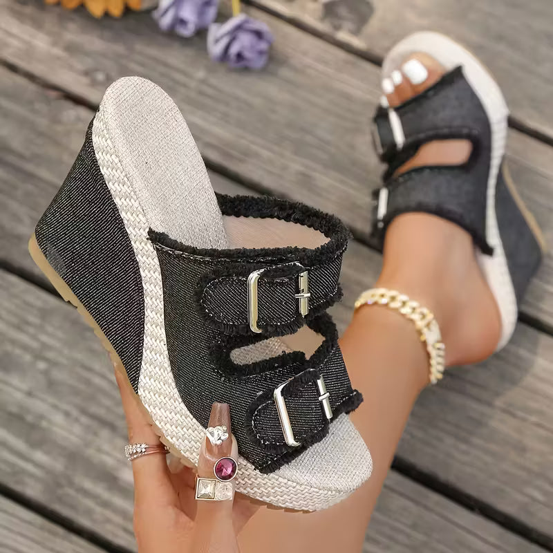 women's denim wedge sandals - back view