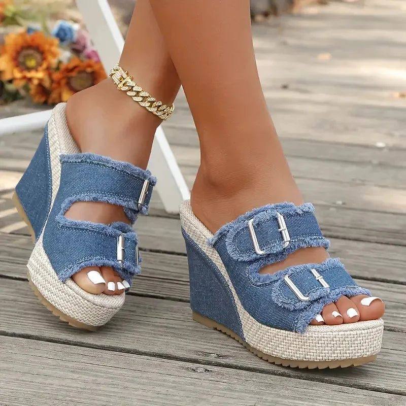 women's denim wedge sandals in Blue - front view