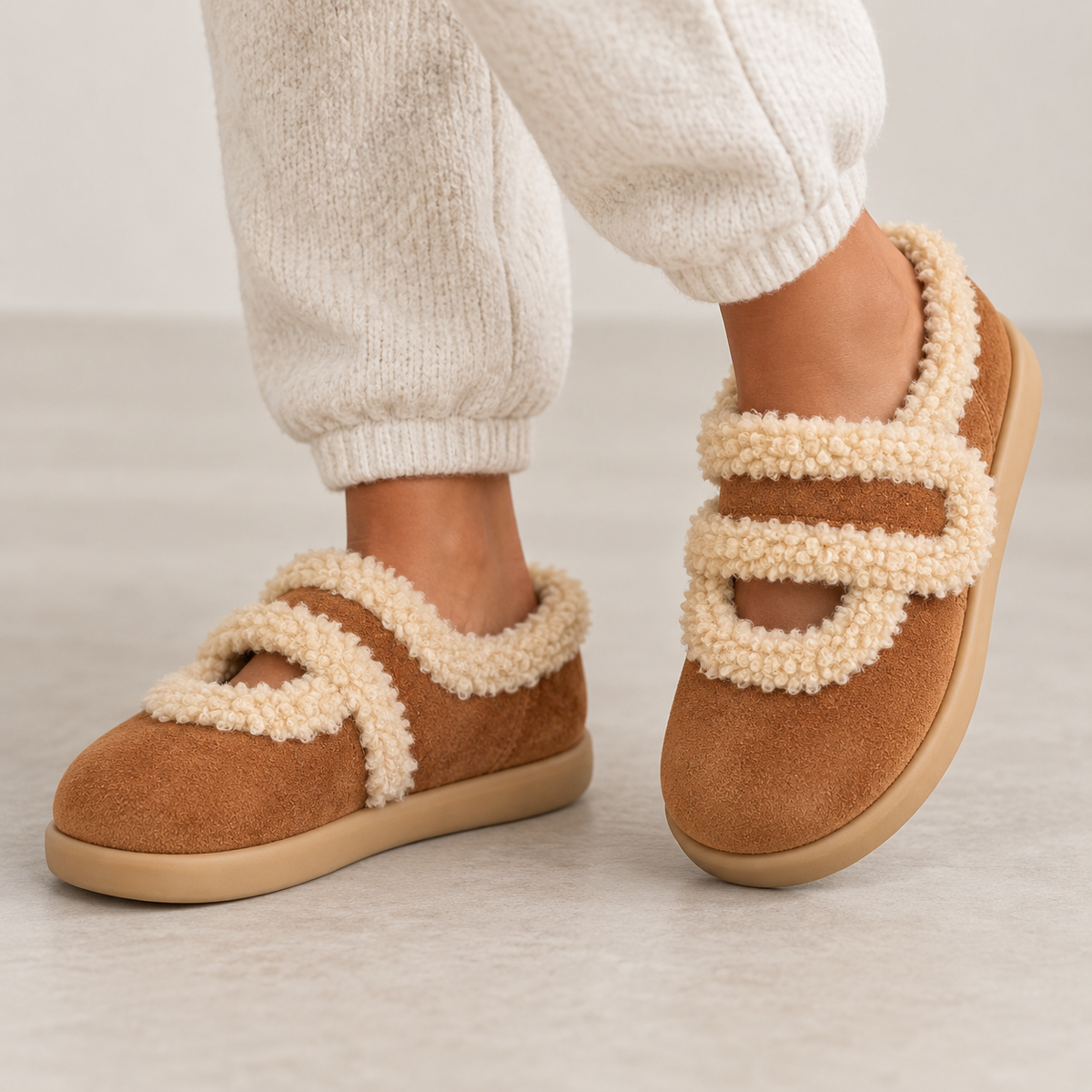 Women's Faux Fur Lined Suede-Look Slippers with Strap - view 2
