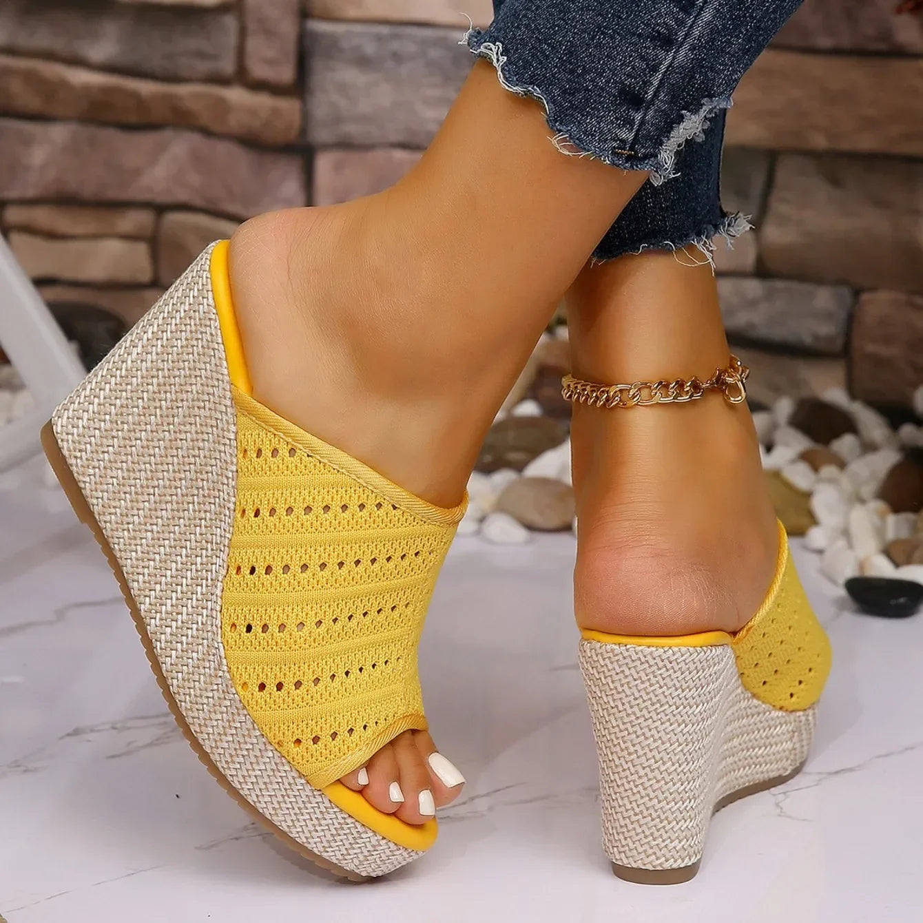 women's knit platform wedge sandals in Beige - front view