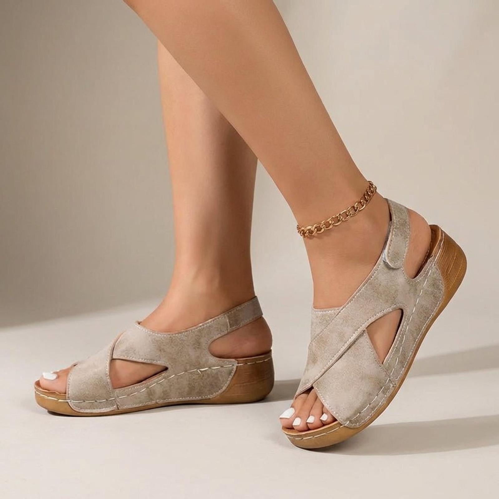 women's orthopedic criss-cross slingback wedge sandals in Beige - front view