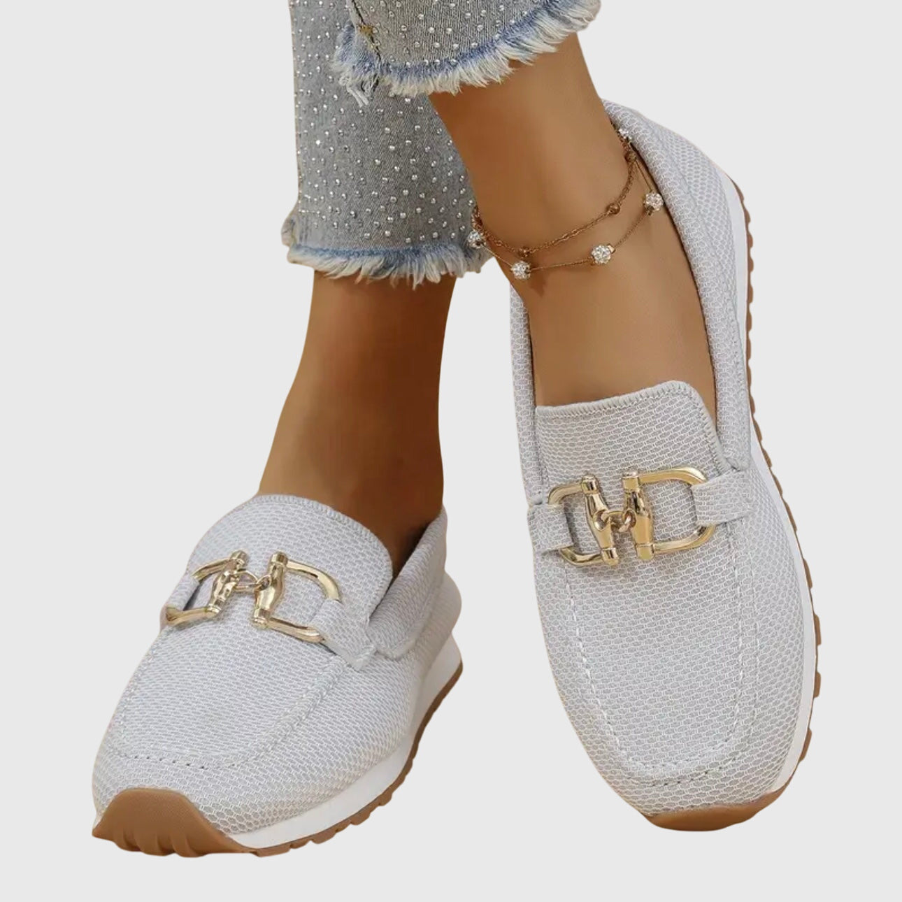 women's orthopedic loafers with gold hardware - detail view