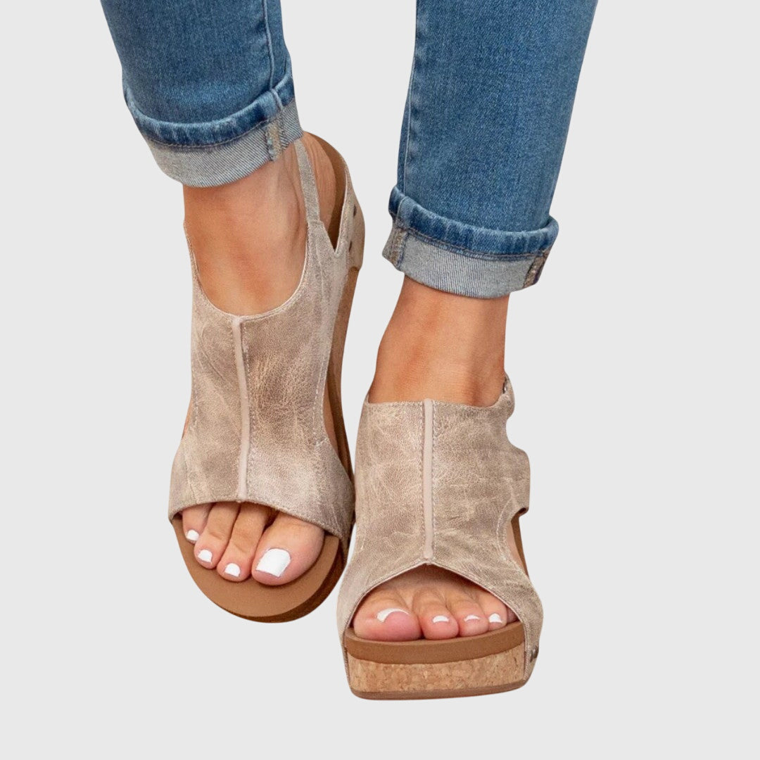 Women's open toe orthopedic sandals in beige with adjustable buckle strap