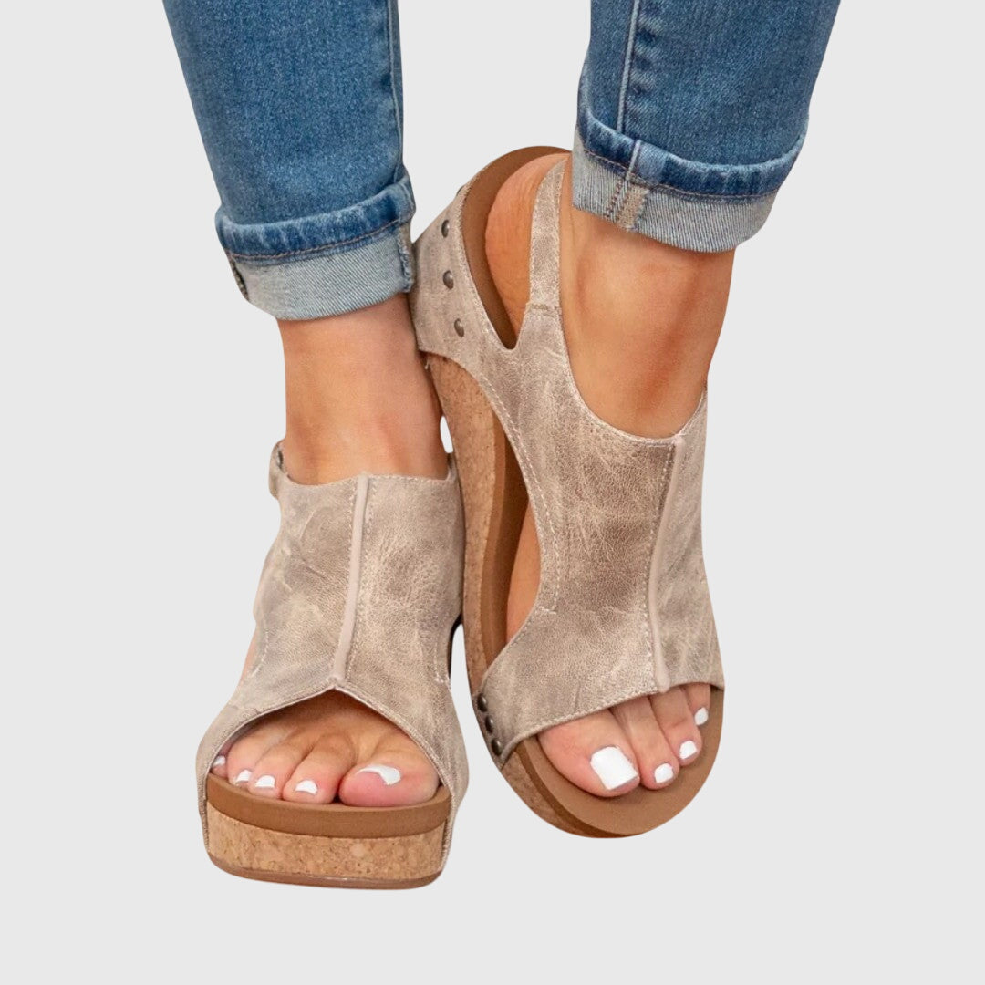 Women's open toe orthopedic sandals beige side view cushioned footbed
