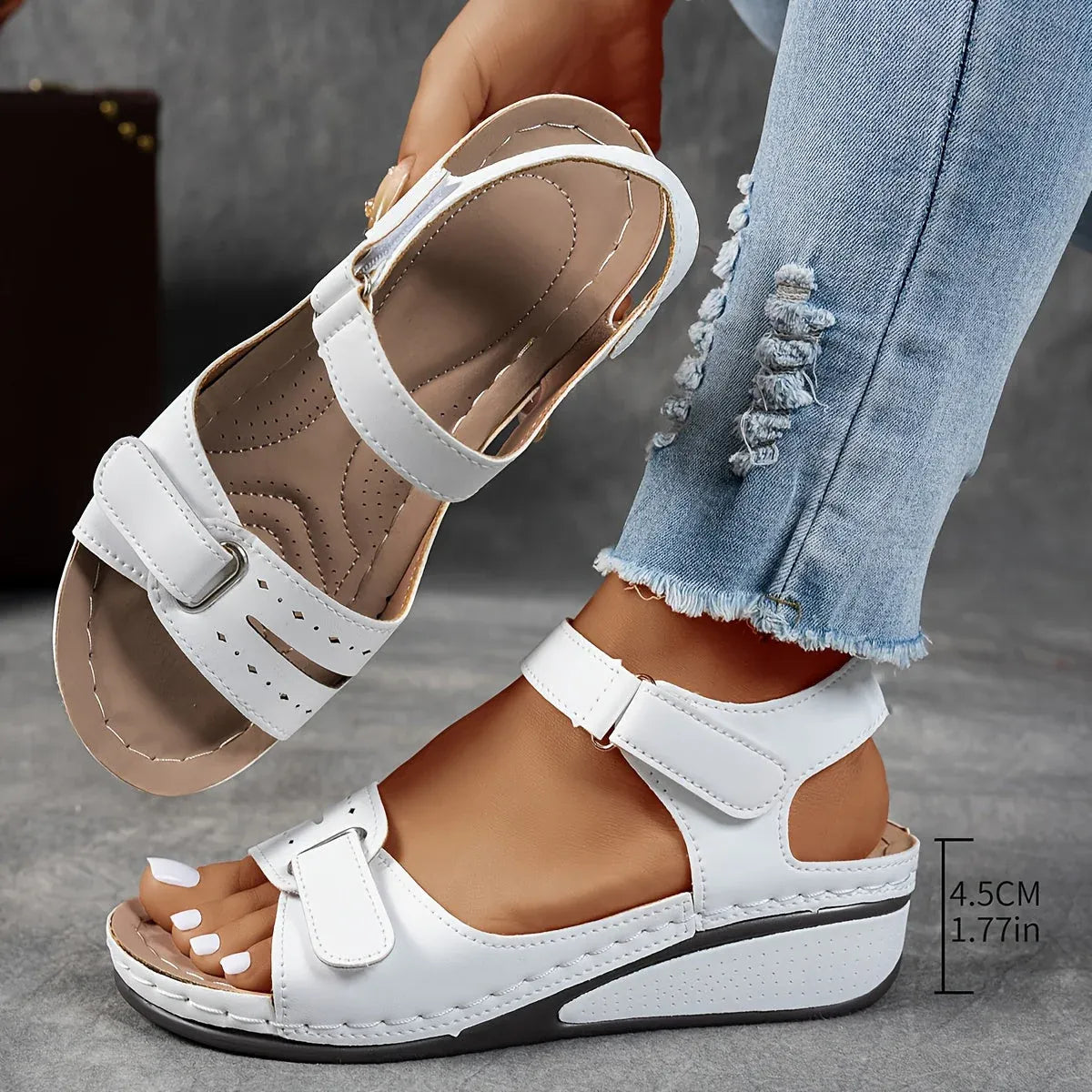 Detail of women's elegant orthopedic strap sandal strap and sole