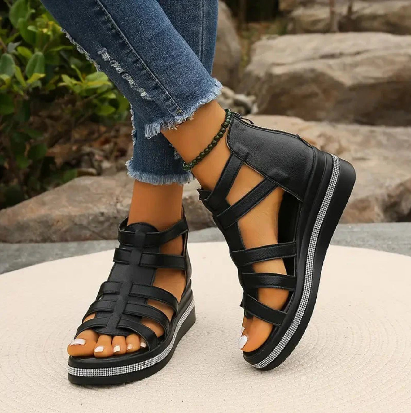 Women's rhinestone embellished wedge sandals in black strap occasion
