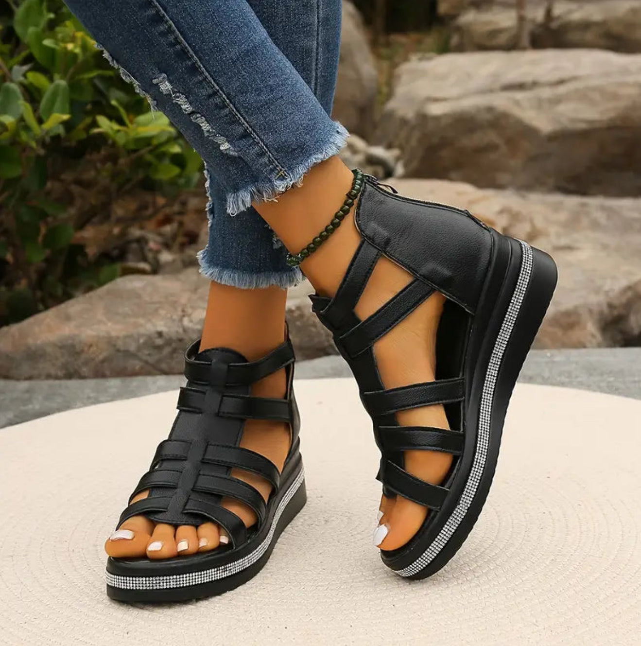 Rhinestone strap detail women's wedge sandals garden party occasion
