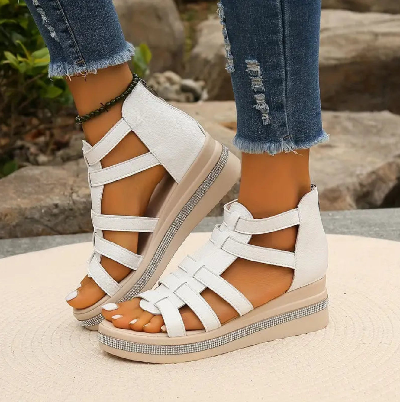 Women's rhinestone wedge sandals in white stable wedge heel elegant