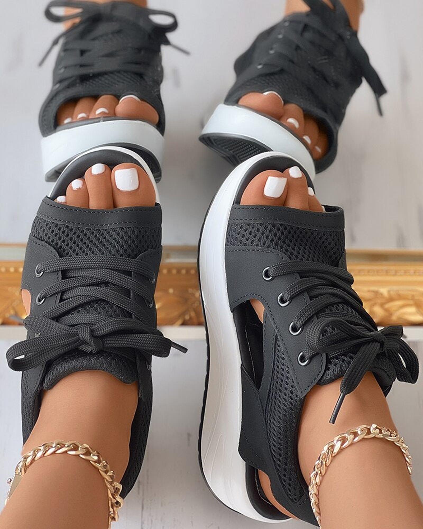 women's sporty lace-up espadrille sandals in Black - front view