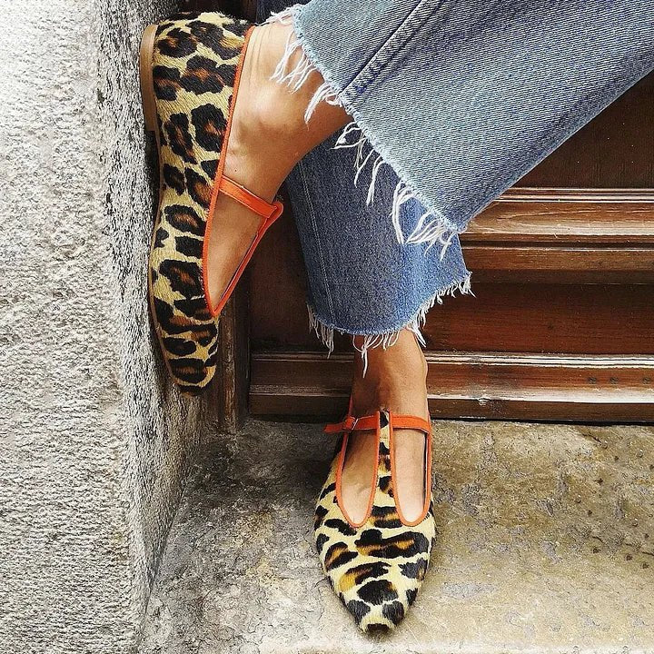 women's suede leopard print T-strap pointed-toe flats - front view